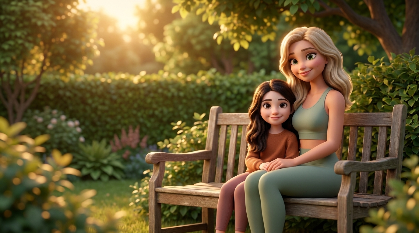 Amelia and Yara on a garden bench at golden hour